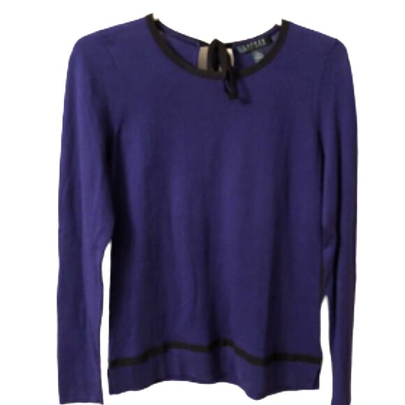 LAUREN RALPH LAUREN SMALL BLUE COTTON MODAL SWEATER WITH BLACK TRIM - Picture 1 of 6